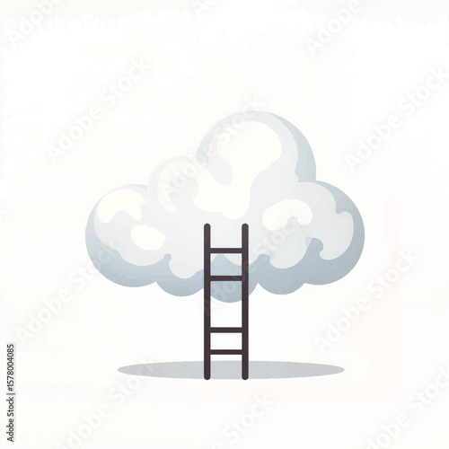 Ladder leading to fluffy cloud on minimal white background  