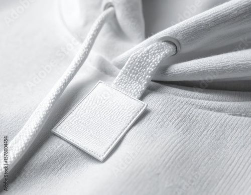 Close Up White Hoodie Fabric Detail Featuring Drawstring and Tag Monochrome Design