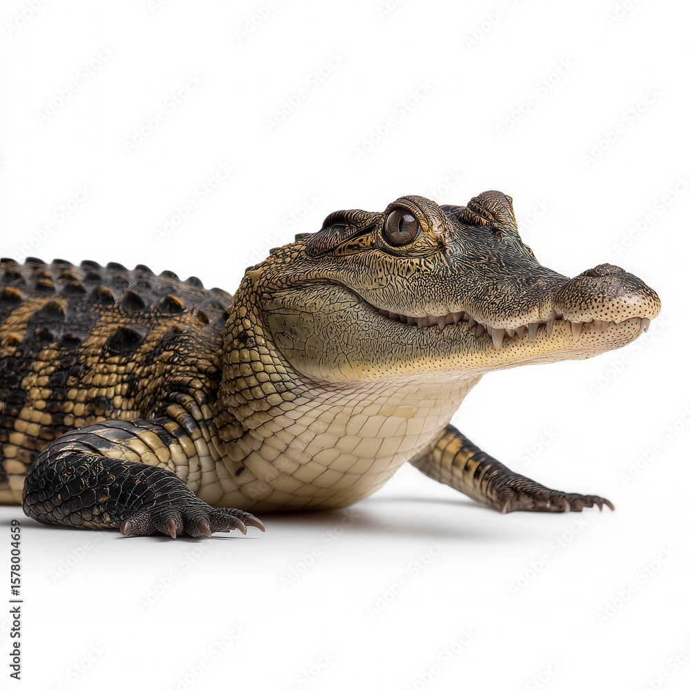 Naklejka premium Detailed young alligator or caiman close-up portrait showing textured scales and sharp teeth against clean white background for wildlife education or conservation awareness with free copy space