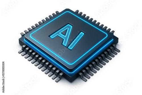 Futuristic AI Microchip with Glowing Electric Blue Edges – Isolated on White