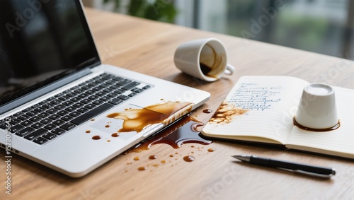 Coffee Spill Disaster on Laptop and Notebook During a Busy Work Session in an Office Environment