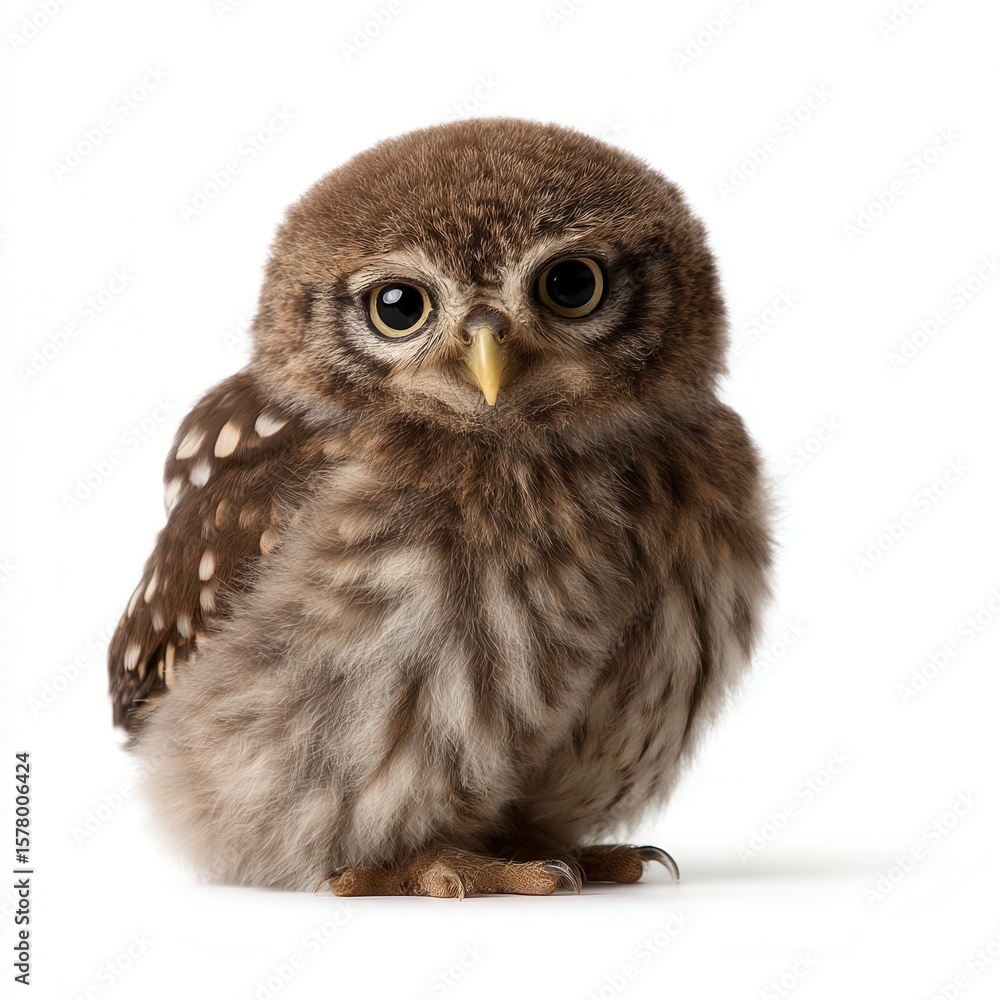 Obraz premium Curious little brown owl with large round eyes perched against white background, perfect for wildlife education or nature conservation advertising with free copy space