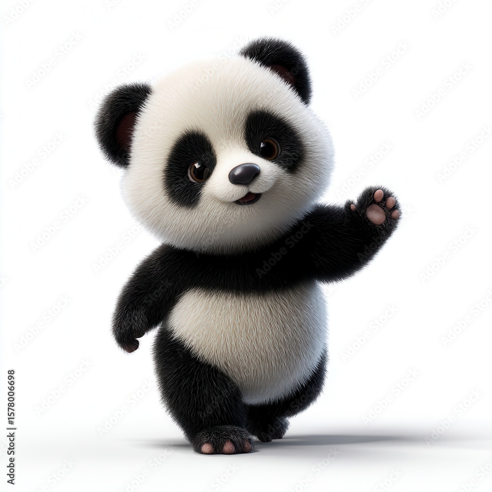 Fototapeta premium Cheerful cartoon panda bear cub waving paw with friendly expression against white background, detailed 3D animation character for children's entertainment free copy space for text