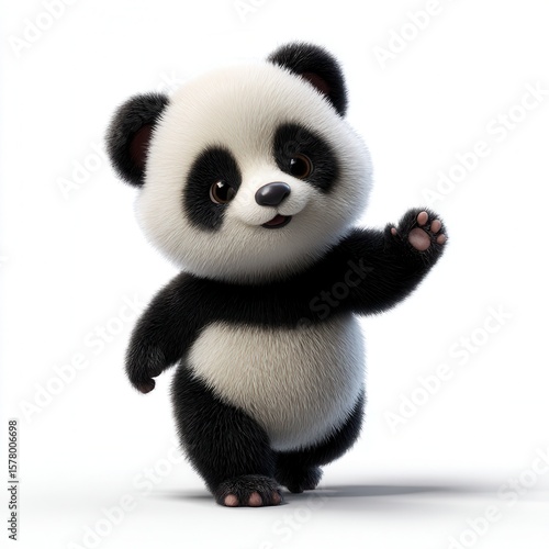 Cheerful cartoon panda bear cub waving paw with friendly expression against white background, detailed 3D animation character for children's entertainment free copy space for text