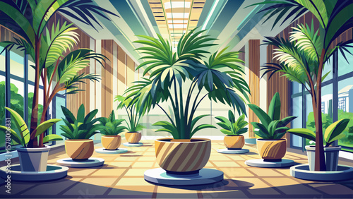 Elegant and lush ornamental potted tropical palm trees adding a fresh natural touch to modern home or office interior decor These houseplants create a serene