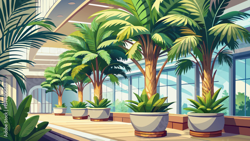Elegant and lush ornamental potted tropical palm trees adding a fresh natural touch to modern home or office interior decor These houseplants create a serene