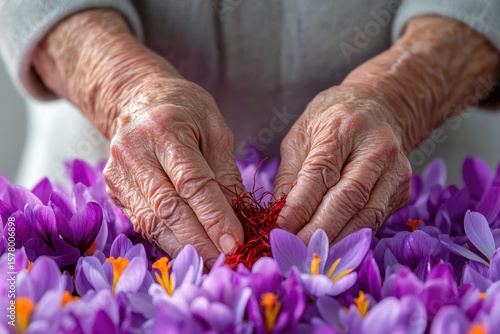 Elderly woman's hands gently harvesting vibrant saffron threads from purple crocus flowers.