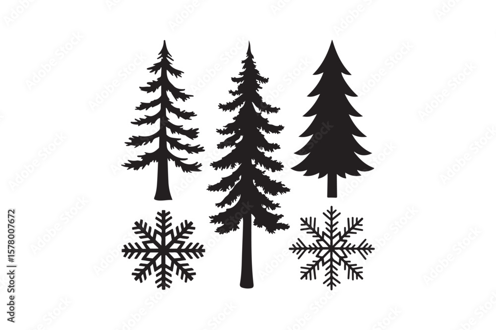 Fototapeta premium Silhouette of pine trees and snowflakes on a white background