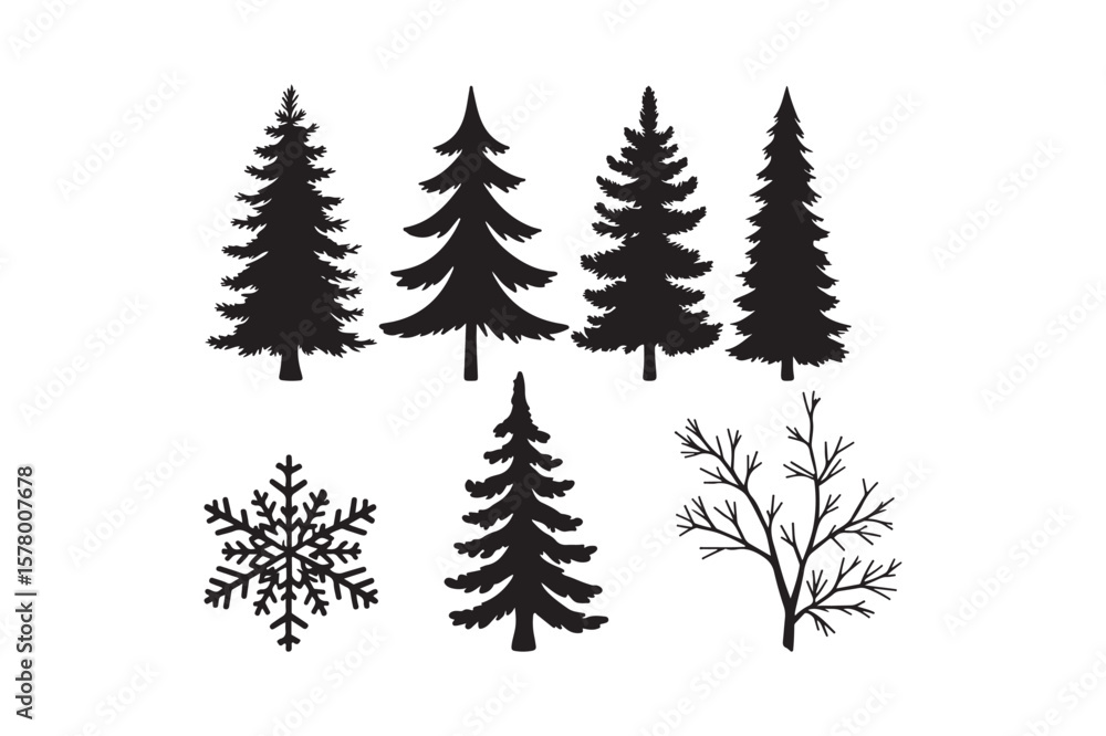 Obraz premium Collection of black silhouettes of pine trees and winter elements