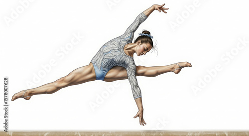 A gymnast performs a split leap on a balance beam, showcasing flexibility and skill.