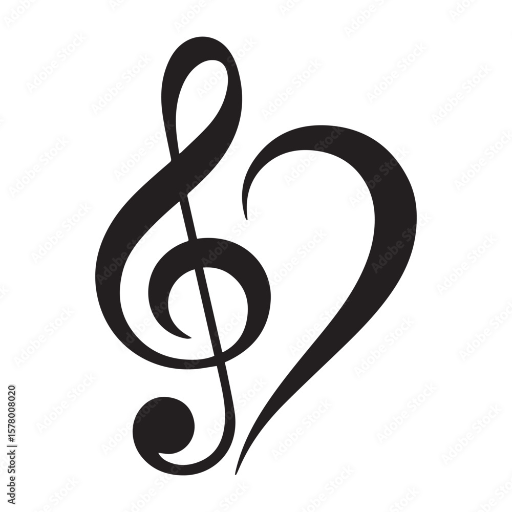 Obraz premium A treble clef merges with a heart, isolated on white background