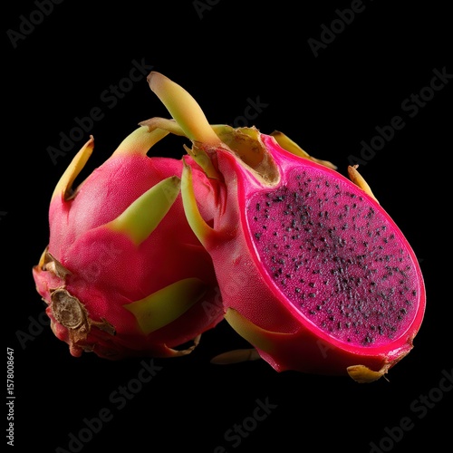 Vibrant red dragon fruit cut in half showing juicy magenta flesh with black seeds against dramatic black background, exotic tropical fruit photography for food industry