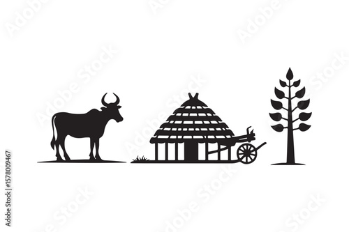 Silhouette of a cow thatched hut on wheels and a stylized tree