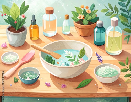 Spa Still Life with Water Bowl Plants Flowers and Essential Oil Bottles