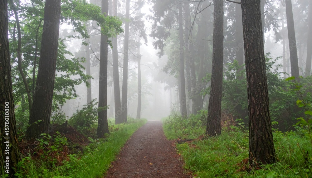 Fototapeta premium Misty Forest Path Through Tall Trees with Lush Green Ground Cover and Fog