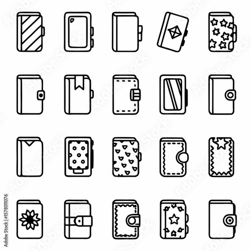 Collection of aesthetic journal notebook organizer diary planner vector icons for personal organization and notes