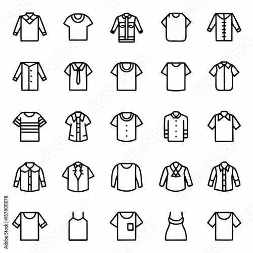 Collection of various shirt styles and clothing apparel vector icons for fashion design and retail use