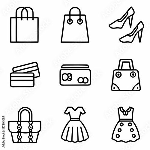 Shopping spree vector icons set with bags shoes dresses and credit cards for retail and fashion design 100