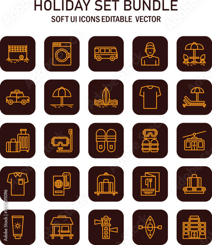 Comprehensive Collection of Linear UI Icons Depicting Travel and Leisure Activities, Vector Graphics for Interface
