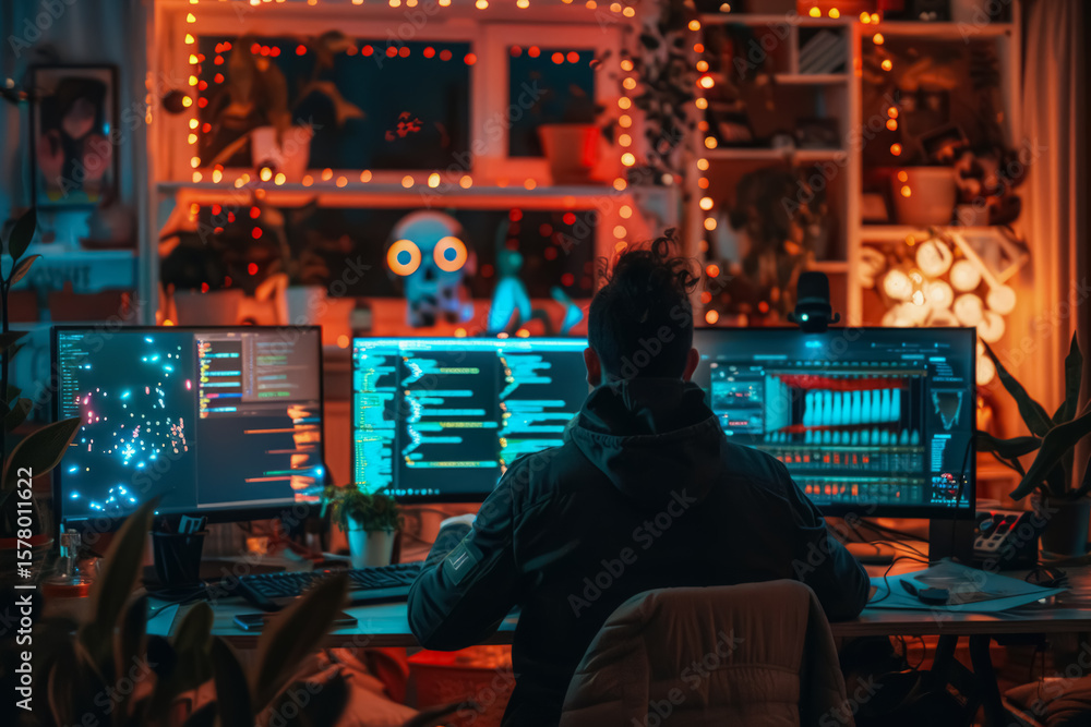 Obraz premium Hacker Group Coding in Dark Workspace, Anonymously Developing Privacy-Preserving Encryption for Web3