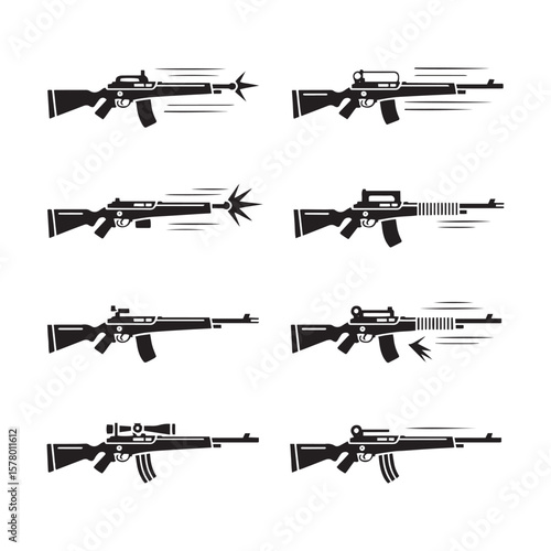 Assault Rifle Action Icons black and White Weapon Firing Illustrations
