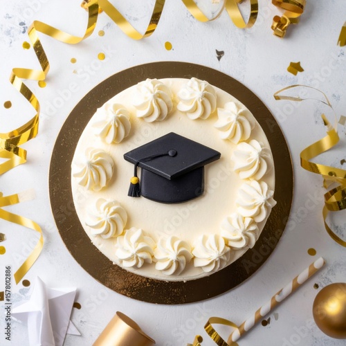 Graduation Theme Cake with Black Mortarboard and Gold Decorations in Studio