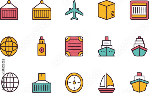 Collection of illustrated icons representing global logistics and transportation elements