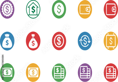 Colorful dollar sign icons representing finance investment savings and monetary transactions