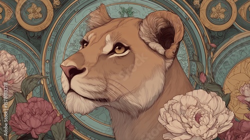 Lioness portrait, ornate frame (2)