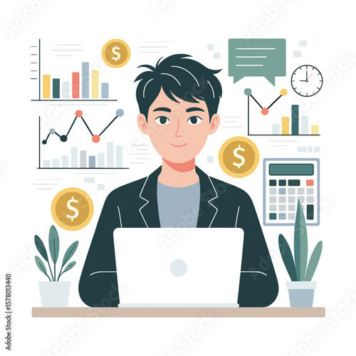 Financial Analyst Working on Laptop, Analyzing Data and Charts for Business Growth