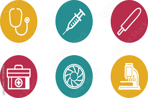 Vector illustration of medical tools and equipment icons on colored circular backgrounds