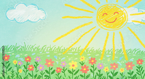 Joyful Sunshine: A whimsical illustration of a radiant, smiling sun shining down on a field of vibrant wildflowers and fluffy clouds, exuding warmth and happiness.