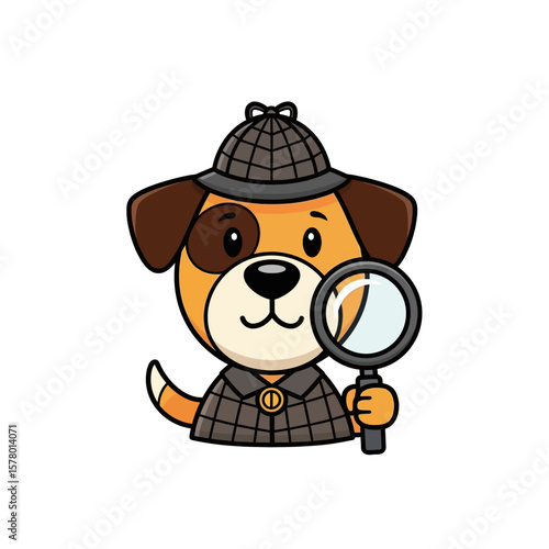 Cute Cartoon Detective Dog Holding Magnifying Glass