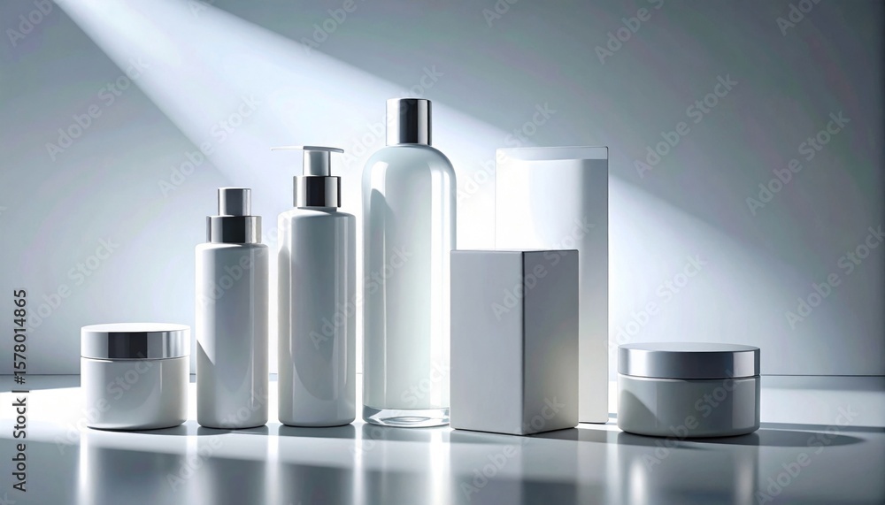 Fototapeta premium Assortment of White Cosmetic Products in an Indoor Setting with Light and Shadow