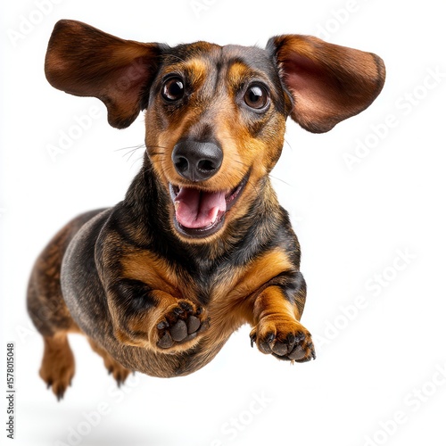 Happy playful dachshund dog with floppy ears and smiling expression looking up at camera against white background, perfect for pet care advertising or veterinary services