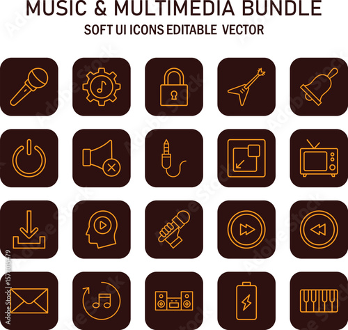 Collection of minimal vector icons related to music and multimedia content creation and playback in a simple style