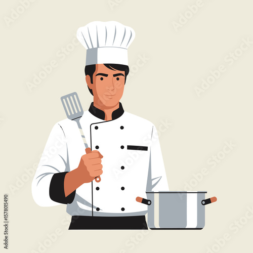 A chef in uniform, holding a spatula and standing beside a pot, ready to cook.