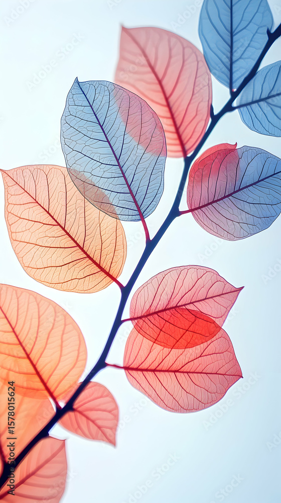 Obraz premium A branch with several translucent leaves in shades of red, pink, and blue against a white background.
