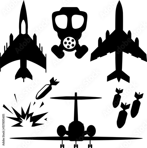 Vector airplane icons.Military Aircraft and Bombing Silhouette Illustration.Vector set jf military elements.Military fighters, planes,gas masks,fire.Military collections.Isolated background.