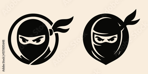 Vector ninja heads icon with fierce eyes and headbands.