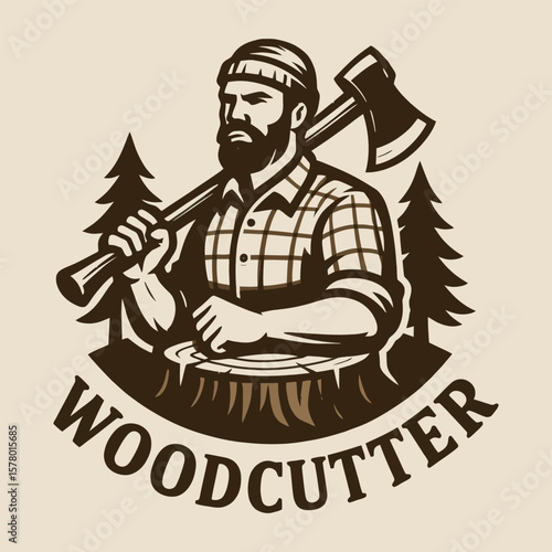Vector woodcutter logo with axe and pine forest emblem.