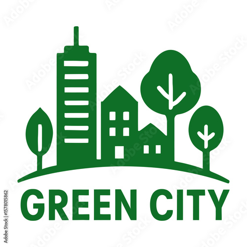 Green cityscape with buildings, trees, and text label.