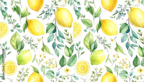 Fototapeta Naklejka Na Ścianę i Meble -  Watercolor pattern of lemons, herbs, and flowers