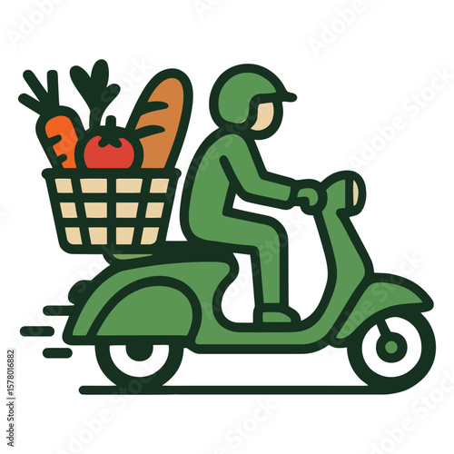 Eco-friendly grocery delivery man riding a green scooter. Vector.