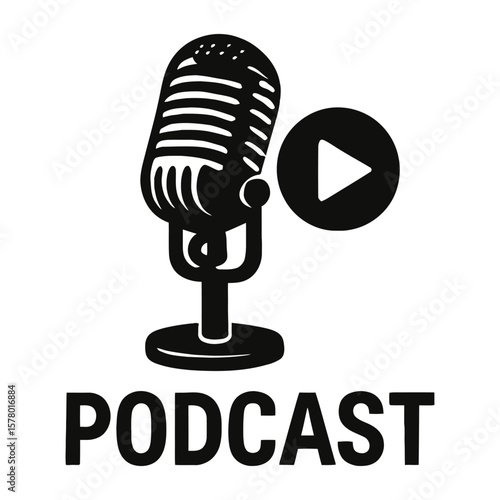 Retro podcast icon with microphone and play button vector.