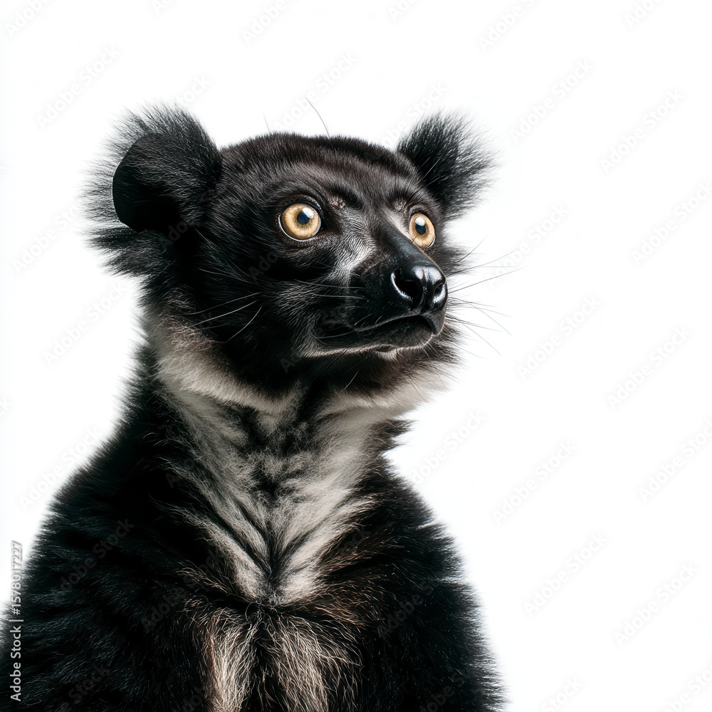 Fototapeta premium Alert Indri lemur with distinctive black and white fur looking upward against clean white background, wildlife conservation photography with free copy space