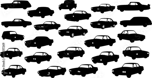Retro car silhouettes set, large pack of vector silhouette design, isolated white background