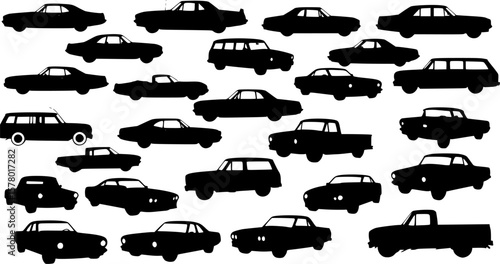 Retro car silhouettes set, large pack of vector silhouette design, isolated white background