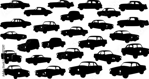 Retro car silhouettes set, large pack of vector silhouette design, isolated white background