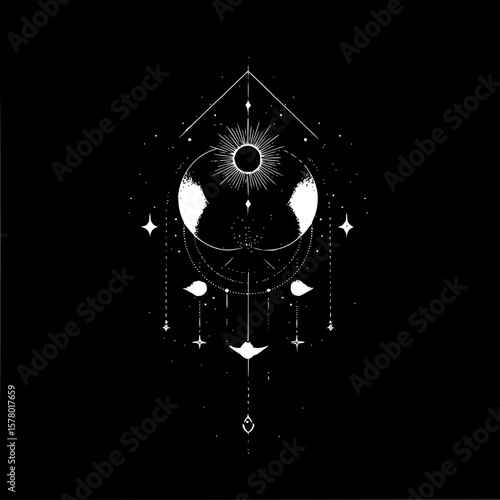 Celestial design featuring a sun, moon phases, stars, and geometric shapes in white on a black background